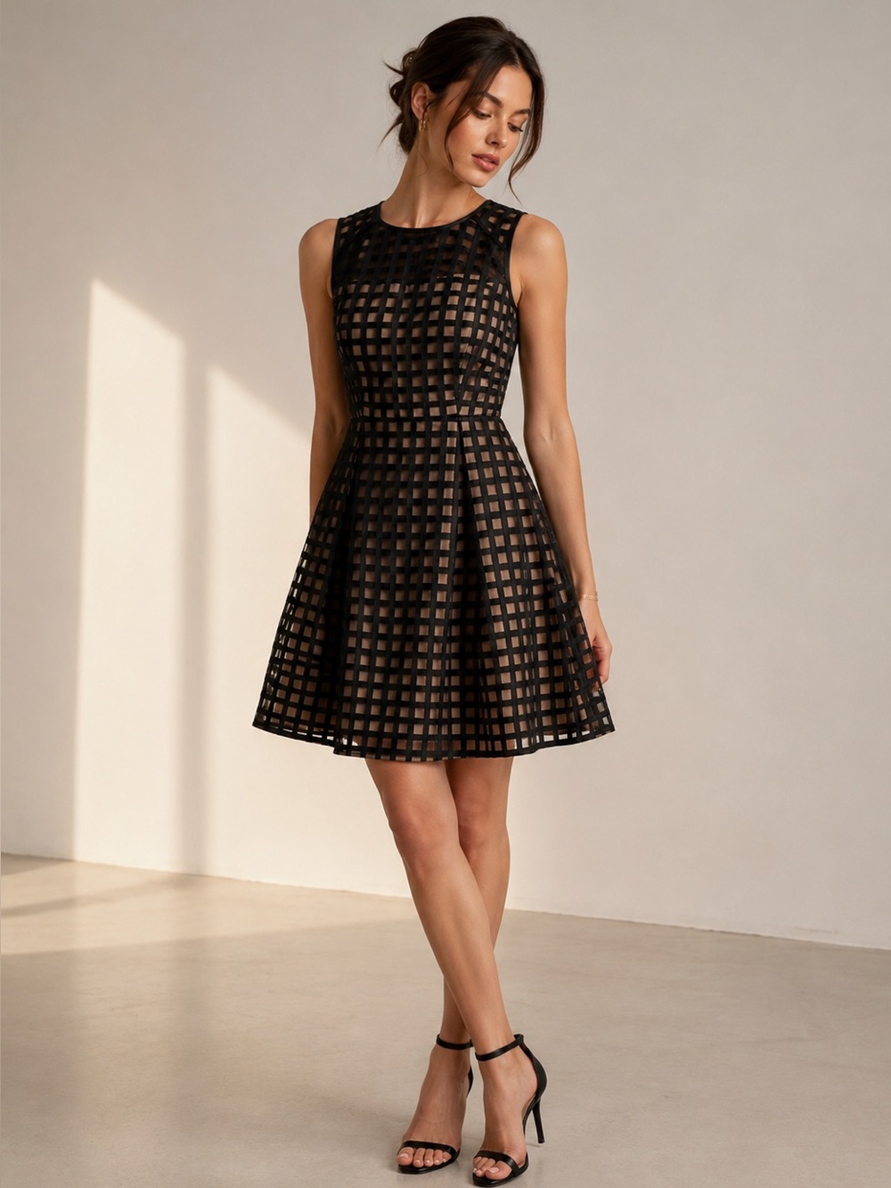 Calvin Klein dress black nude sheer décolleté sleeveless fit and flare dark 4